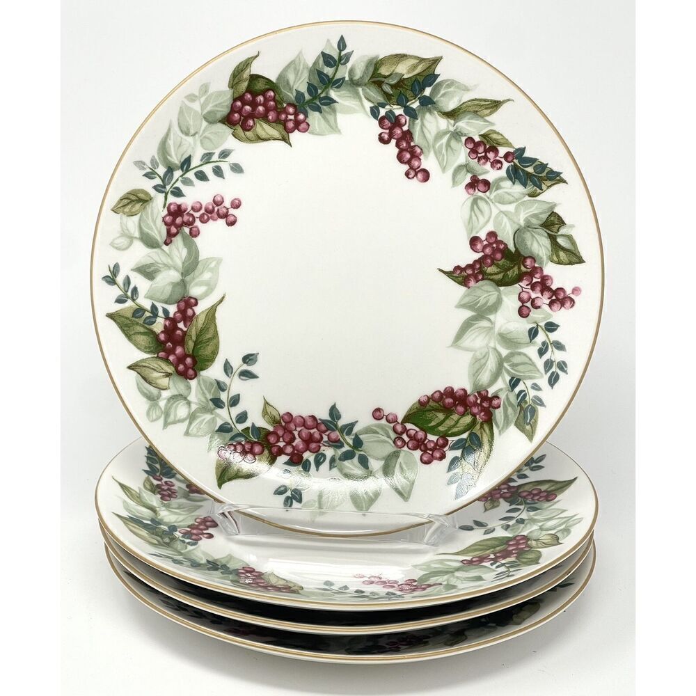 Restoration Hardware FESTIVE BERRY 8" Salad Plates Holiday Gold Rim Set Of 4